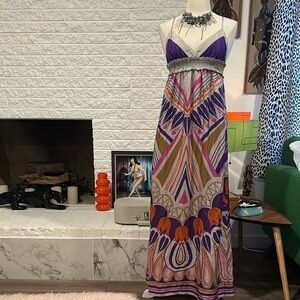 Anthropologie Purple Multi Maxi Dress 100% silk